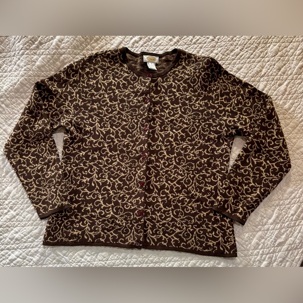 Talbots Silk Cashmere Cardigan Sweater Brown Tan Professional Luxury Sz MEDIUM